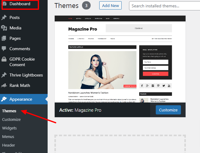 wordpress theme settings appearnce